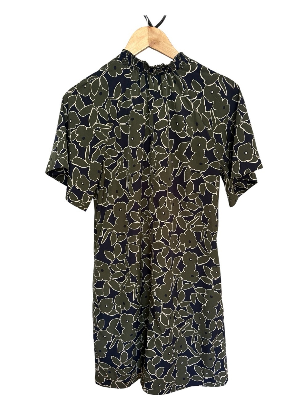 Banana Republic Olive Green Floral Tie Neck Shift Dress Pockets 4 Boho Preppy - Picture 3 of 7